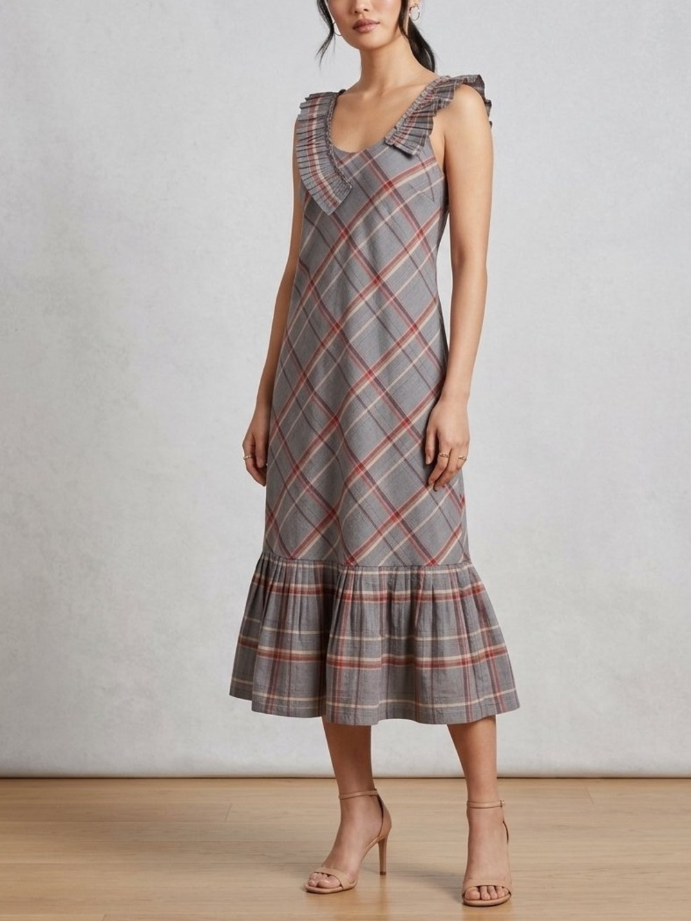 TALA Sleeveless Ruffled Plaid Midi Dress in Gray and Red XXS School Girl Chic